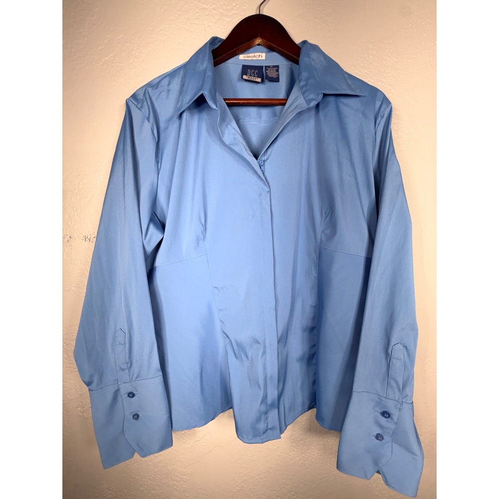 DCC Missy Womens XL Blue Hidden Zip Front Stretch Tailored Blouse Long Sleeve